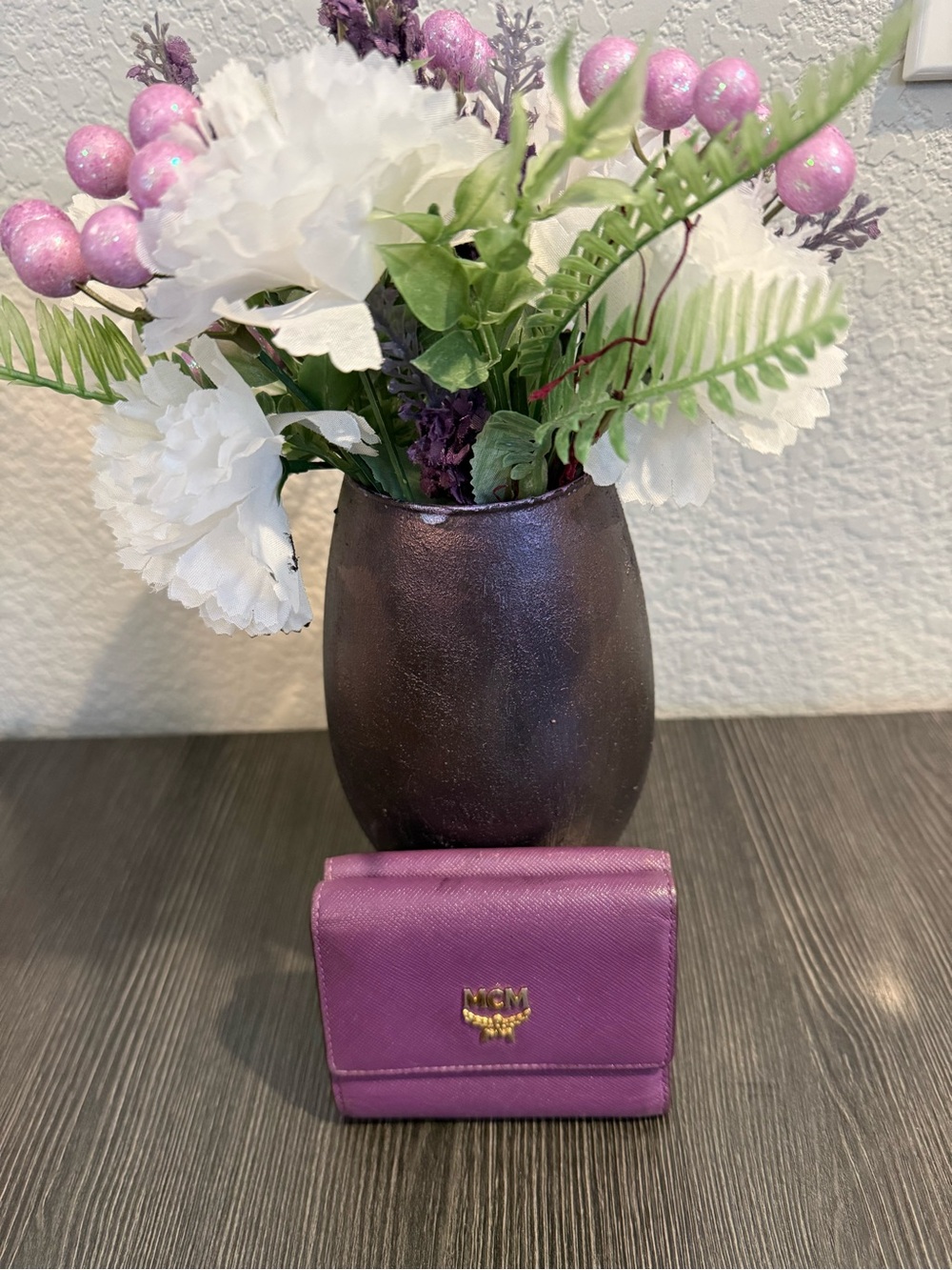 MCM purple and lavender trifold wallet with gold hardware
